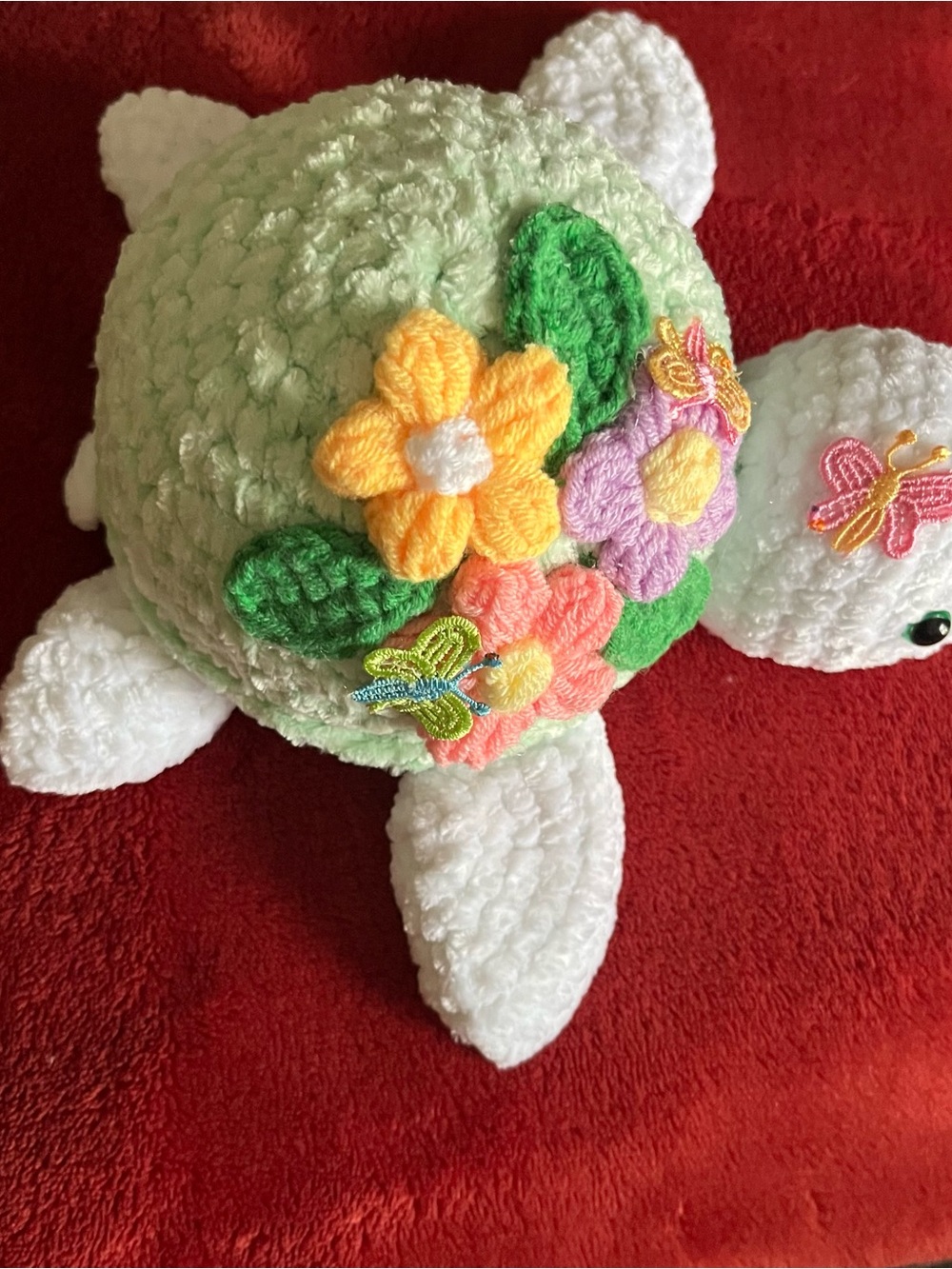Handmade crochet Plush Turtle Green Shell and Floral Appliqués 9”x8” NWOT